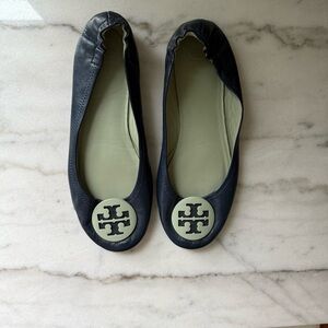 Tory Burch Navy Leather Flats with Logo Accent